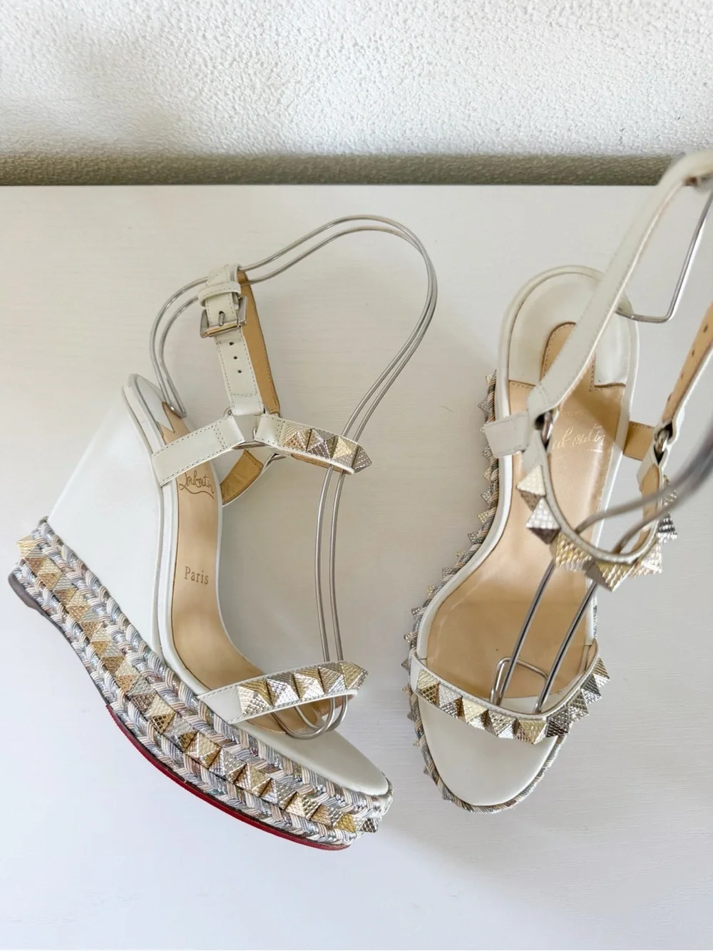 Christian Louboutin Pyraclou Latte White Studded Wedge Sandals Size EU 38